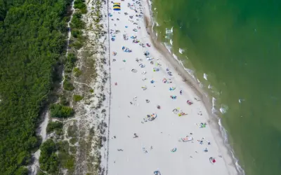 Plaża pełna ludzi, gdzie jest najcieplejsza woda w Bałtyku? Zielone morze, biały piasek i las sosnowy tworzą idealne miejsce na wypoczynek.
