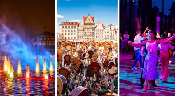 Wrocław majówka: kolorowa fontanna, tłum z gitarami na Rynku i tańczący ludzie w rytm muzyki.