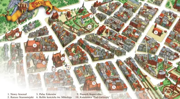 Ilustrowana mapa Torunia z zaznaczonymi atrakcjami, m.in. Ratuszem Staromiejskim i Katedrą św. Janów.
