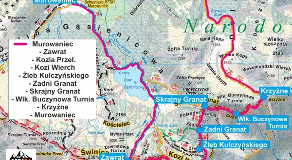Mapa Tatr z zaznaczonymi najtrudniejszymi szlakami, m.in. Kozi Wierch, Zawrat, Orla Perć.