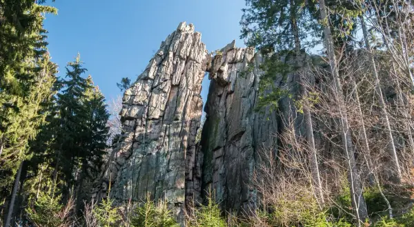 Skalny most na rudawych janowickich szlakach, otoczony drzewami.