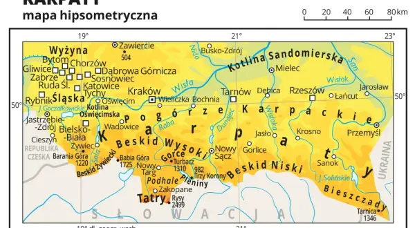 Mapa hipsometryczna Karpat w Polsce, ukazująca pasma górskie, rzeki i miasta. Widoczne Tatry, Beskidy, Bieszczady.