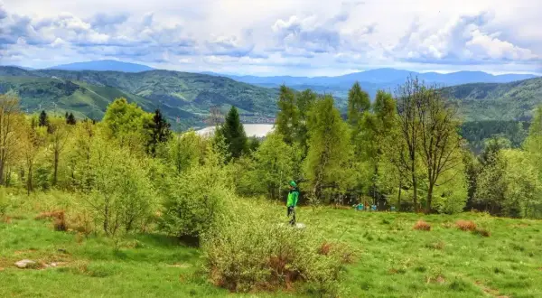 Zielona, chrobacza łąka z widokiem na jezioro i góry. Dziecko w zielonej kurtce stoi na skraju lasu.