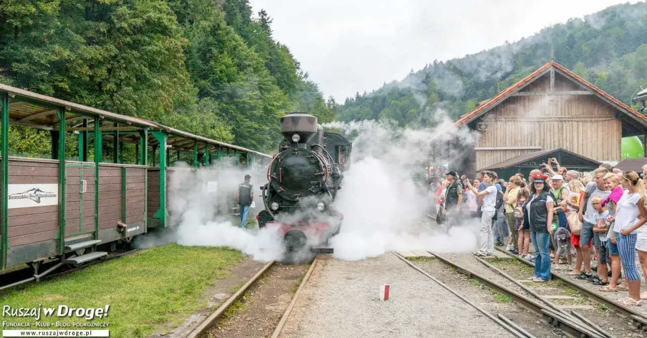 Parowóz z wagonami na tle Bieszczad. Wspaniałe atrakcje dla dzieci i dorosłych, niezapomniana podróż w czasie.